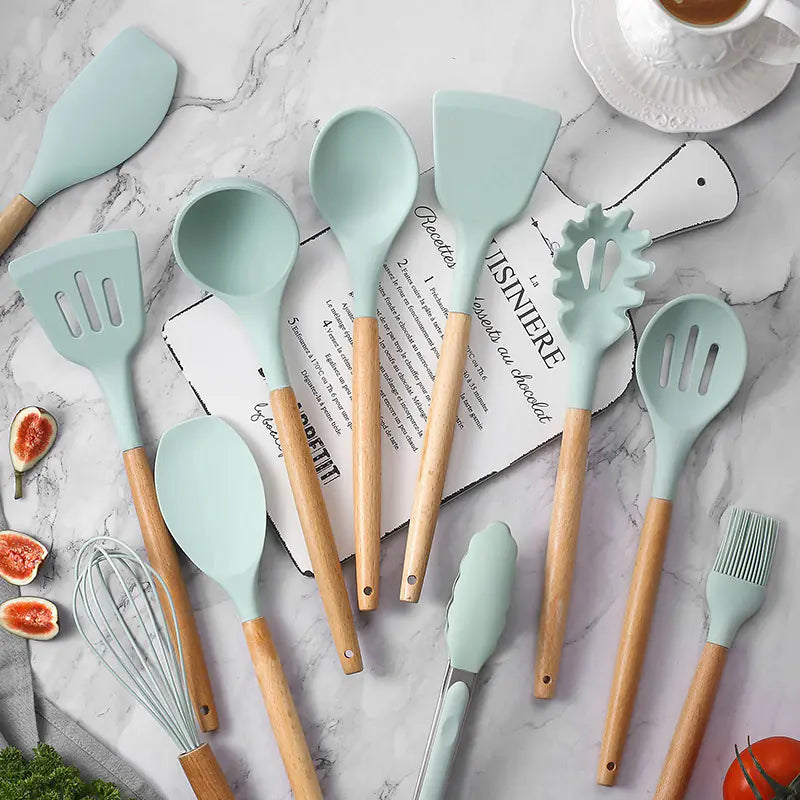 Silicone Kitchen Tool Set with Light Wood Handle (12-Piece)