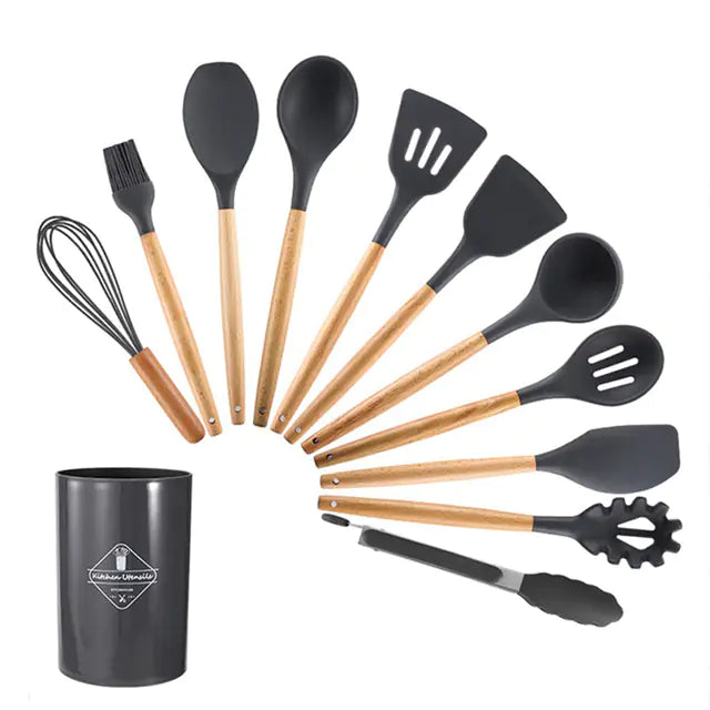 Silicone Kitchen Tool Set with Light Wood Handle (12-Piece)